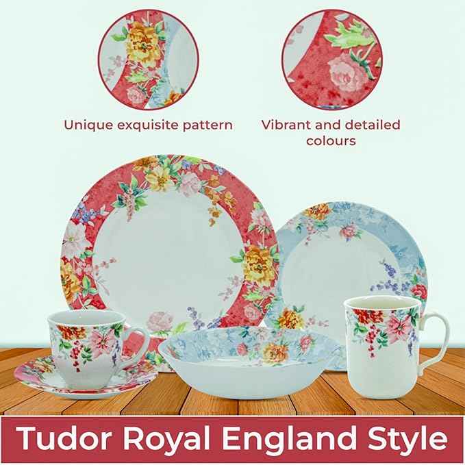 Tudor Royal Collection 30-Piece Porcelain Round Dinnerware Set, Service for 6, Crimson Design, Summer Flowers, Plates Bowls Mugs Dishes, Glossy, Premium Quality Tableware
