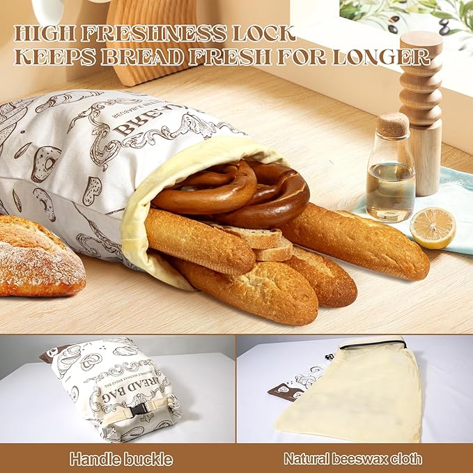 Reusable Beeswax Bread Bags - Large Capacity Cotton Storage for Homemade, Sourdough & Fresh Bread | Food-Grade Eco-Friendly Storage Solutions