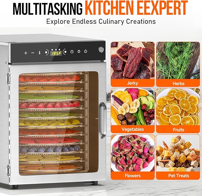 Food Dehydrator 12 Trays - 360° Rotary Meat Dehydrator for Jerky with 194°F Temp & 24H Time Control, 800W Even Heating Food Dryer Machine for Herbs, Fruit, Meat, Yogurt, Silver