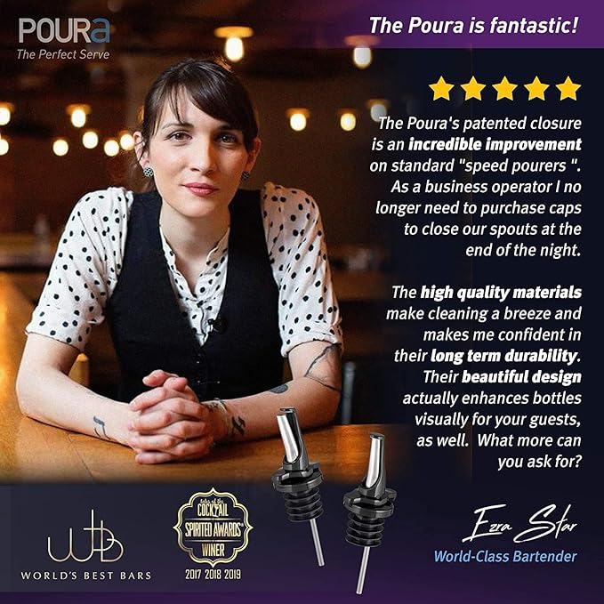 Poura 4 Liquor Pour Spouts (Black) with Built-in Caps for Optimal Fly & Dust Protection - Dishwasher Safe, Hygienic Spouts - with 2 Adapters for Large Neck Bottles