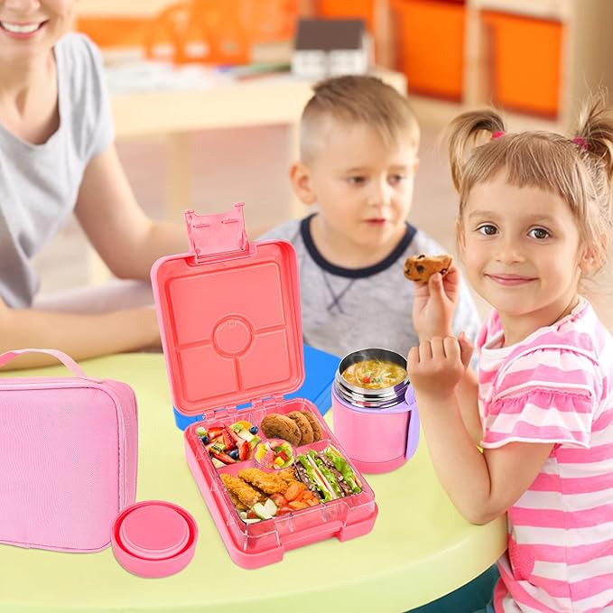 Pawtong Bento Lunch Box Set With 10oz Soup Thermo, Leak-proof Lunch Containers with 4 Compartment, Kids Hot Thermo Food Jar/Insulation Lunch Bag, Food Containers for School（Solid）