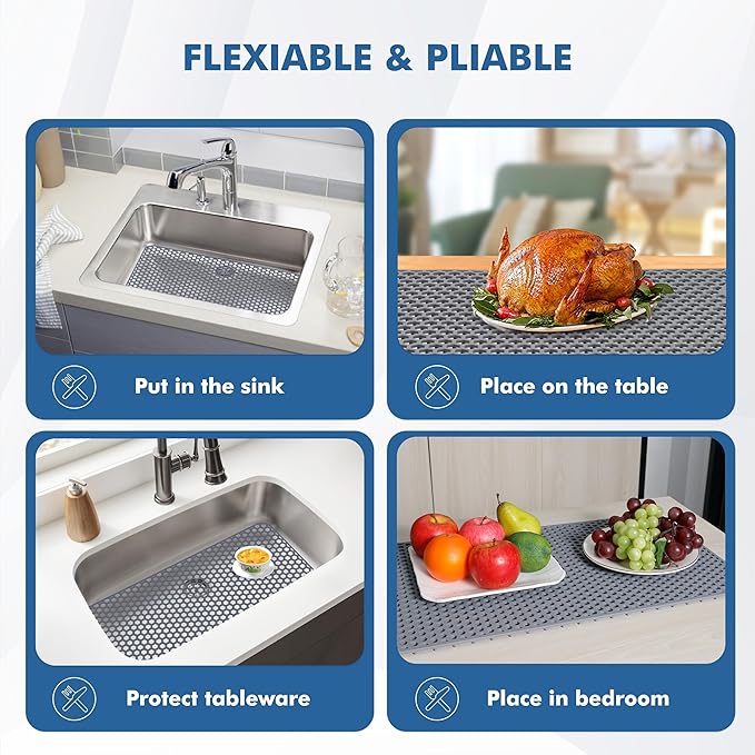 Bestjing Silicone Sink Protectors for Kitchen Sink - 28.3"x 15.7" Kitchen Protector Accessory, Non-Slip Heat Resistant Mat for Bottom of Farmhouse Stainless Steel Porcelain (Gray)