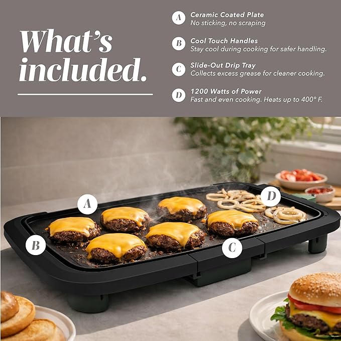 COOK WITH COLOR Electric Griddle 1200W, Nonstick Surface for Pancakes, Burgers, Eggs & More, Removable Temperature Control, Slide-Out Drip Tray, 10" x 16" Cooking Area, Black