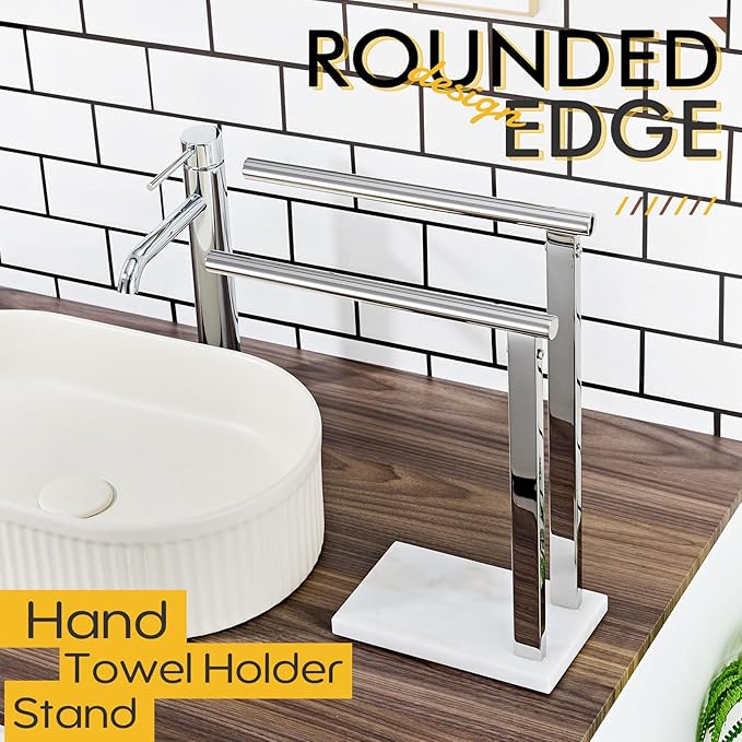 KOKOSIRI Hand Towel Bars Standing Towel Rack 2-Tier with Marble Base for Bathroom Vanity Countertop, Polished Stainless Steel 15.7'' Height THS0007-CH