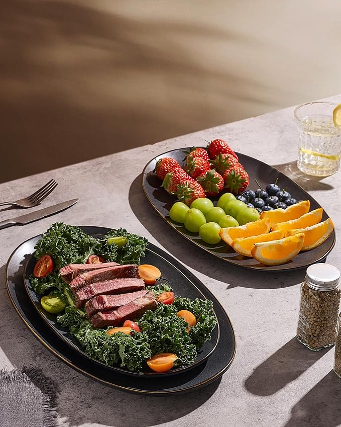 famiware Serving Platter, Oval 15.59/14.3/12.9inch Serving Dishes for Entertaining, Serving Bowls, Dishwasher Safe, Stoneware Serving Trays for Party, Food, Turkey, Reactive Glaze, Matte Dark Charcoal