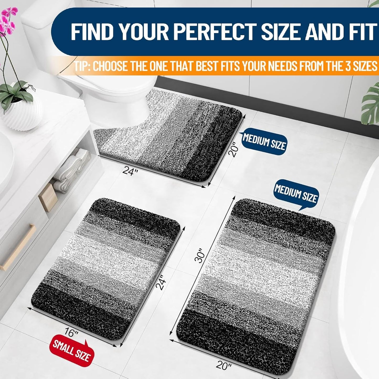 OLANLY Bathroom Rugs Mat 24x16, Extra Soft Absorbent Microfiber Bath Rugs, Rubber Backing, Quick Dry, Machine Washable Bath Mats for Bathroom Floor, Tub and Shower, Home Decor Accessories, Black