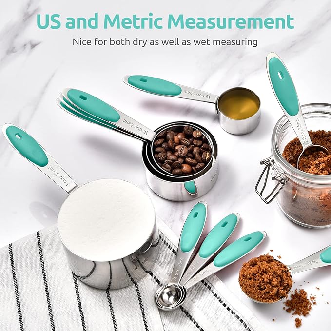 Measuring Cups and Spoons Set: U-Taste 18/8 Stainless Steel 12 Pieces Metal Stacking Kitchen Baking Cooking Food Measure Set 7 Cups 5 Spoons with Strengthened Weld Joints (Aqua Sky)