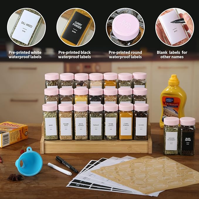 24 Glass Spice Jars with Labels, Spice Jar Set, 4oz Seasoning Containers, Spice Containers with Pink Airtight Lids and Shaker Lids, Square Empty Spice Bottles, 492 Labels, 1 Funnel