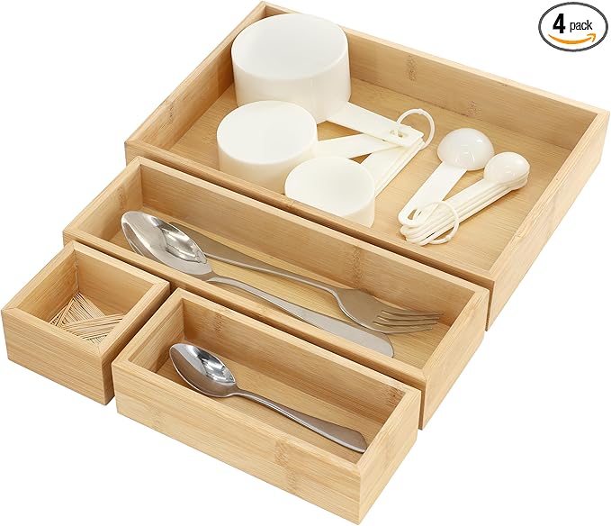 Elama 4 Piece Bamboo Wood Drawer Organizer Tray, Utensil Storage, Desk Drawer Storage (4 Piece Trays)