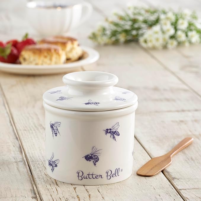Butter Bell - The Original Butter Bell crock by L Tremain, a Countertop French Ceramic Butter Dish Keeper with Lid for Spreadable Butter, Farmhouse Collection, Honey Bees + Cow Pattern