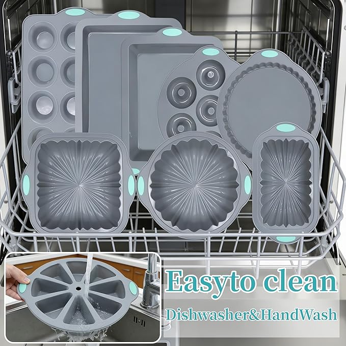 To encounter 51 Piece Silicone Baking Pan Set, Non-Stick Bakeware Set with Baking Pans, Reusable Donut Mold, Food-Grade Silicone Molds for Cakes, Cookies, Muffins, Bread, Light Grey