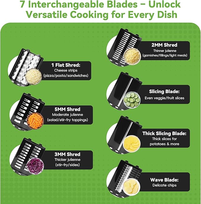 Electric Cheese Grater 7 in 1, Stainless Steel Salad Shooter, Food Slicer Shredder Chopper with Rotary Switch, 300W, for Block Cheese Vegetables Cucumber Carrots