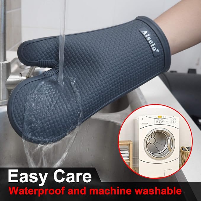 Alselo Oven Mitts Heat Resistant Silicone Kitchen Gloves for 550 Degrees with Waterproof and Non-Silp, Set of 2 Oven Gloves for Baking Cooking Barbecue Microwave Machine Washable (Grey, 2)