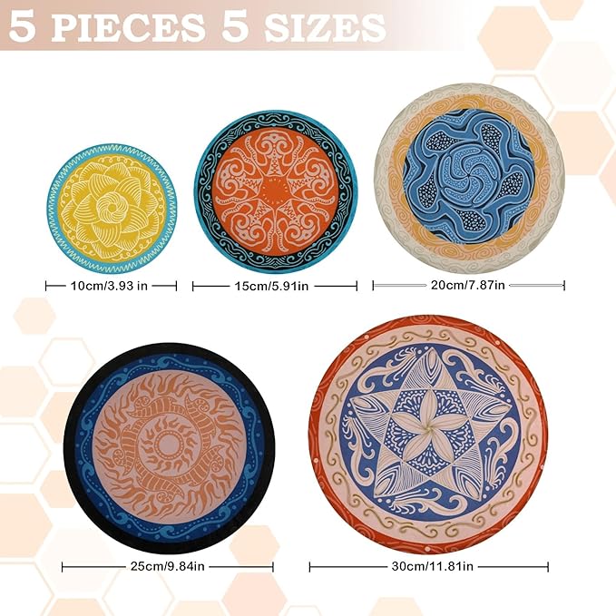 5-Size Reusable Beeswax Bowl Covers for Bread Proofing, Cotton Cloth Flexible Beeswax Wraps for Food Storage(Concentric Circle)