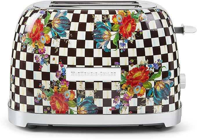 MACKENZIE-CHILDS 2-Slice Toaster, Decorative Toaster for Kitchen, Black-and-White Courtly Flower Market