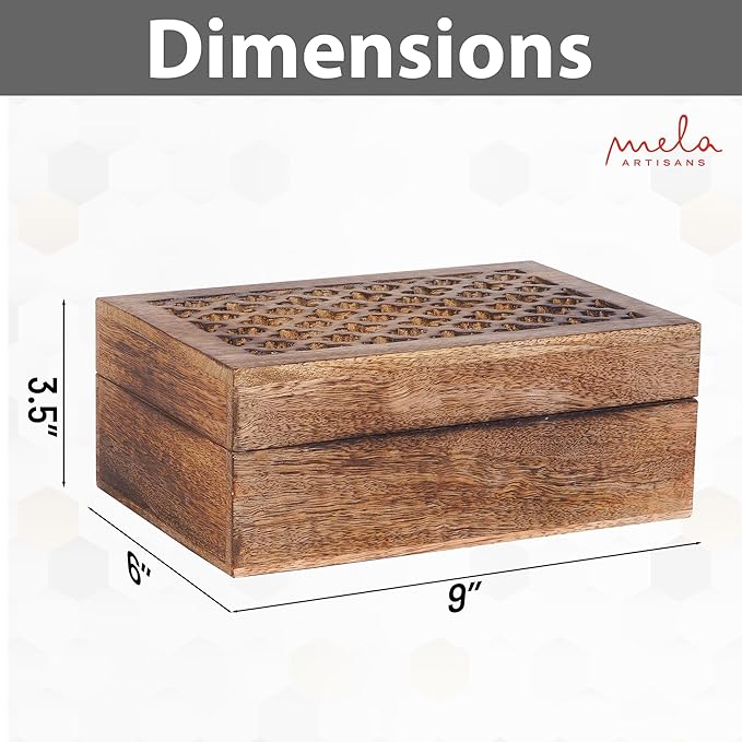 Mela Artisans 9” x 6” x 3.5” Mango Wood Box with Lid – Trellis Medium Burnt – Handcrafted Keepsake Box – Large Storage for Jewelry & Home Décor Accents