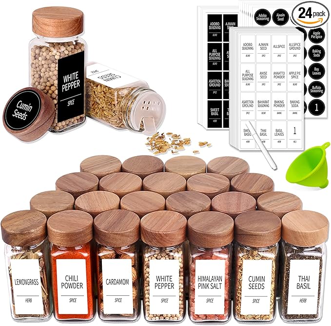 Churboro 24 Spice Jars with 547 Labels - Glass Spice Jars with Shaker Lids - 4 Oz Square Spice Containers with Acacia Wood Lids, Chalk Pen, Funnel- Seasoning Jars for Spice Rack, Cabinet, or Drawer