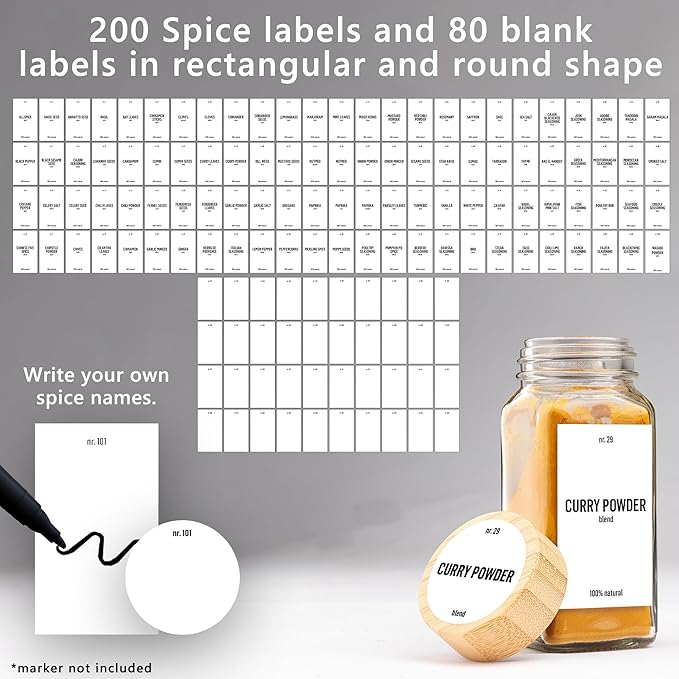 Deco haus Glass Spice Jars with White Label and Bamboo Lid 24x4oz [LABELS incl] Spice Containers with Labels, Shaker Lids & Funnel - Empty Herb Seasoning Containers, Small Seasoning Bottles for Her