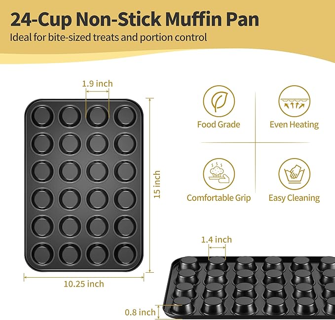 TeamFar Mini Muffin Pan, 24-Cup Non-Stick Carbon Steel Cupcake Tray Tin for Baking, Small Cup Cake Bakeware for Bite-Sized Cheesecake Tart Quiches, Even Baking & Effortless Release & Easy Clean