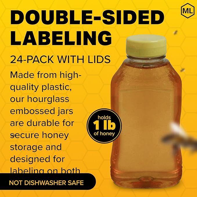 Mann Lake Refillable Hourglass Honey Jars | 1 lb Plastic Containers with Yellow Flip-Top Lids | Empty Bottles for Honey Storage & Dispensing | 24-Pack (Honey Not Included)