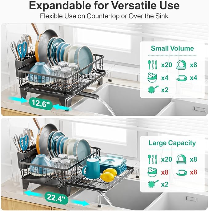 GSlife Expandable Dish Drying Rack for Kitchen Counter, Large Capacity 2-in-1 Rust Resistant Dish Drainer with Swivel Spout and Pull Out Over Sink Extension, 16.7" W x 12.6"-22.4" L, Black