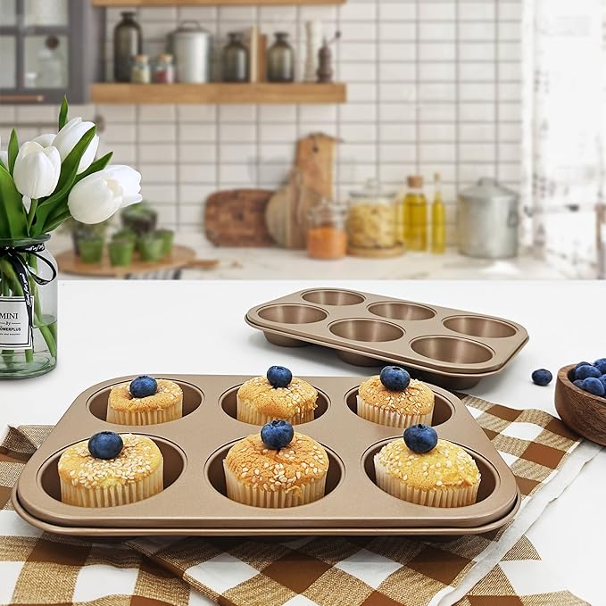 Satax Muffin Pan for Baking, Nonstick Cupcake Tin 6 Cup,sets of 2,Heavy Duty Steel Muffin Pan (Gold, 6-cup)