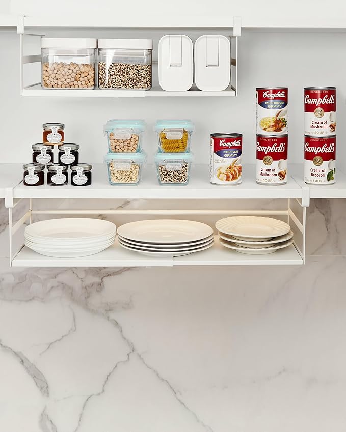 Under Shelf Storage Basket, 2 Pack Heavy-Duty Hanging Baskets Under Cabinet Shelf Organizer, Add-on Space Saver Kitchen, Pantry, Laundry Room, Slide-in White Large Shallow Depth Large
