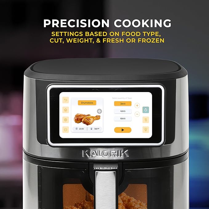 Kalorik Air Fryer VIVID TOUCH Series 7 Quart Capacity with High-Resolution Touchscreen 200 Cooking Presets in 12 Food Categories with View Window, 1500-Watts, Stainless Steel