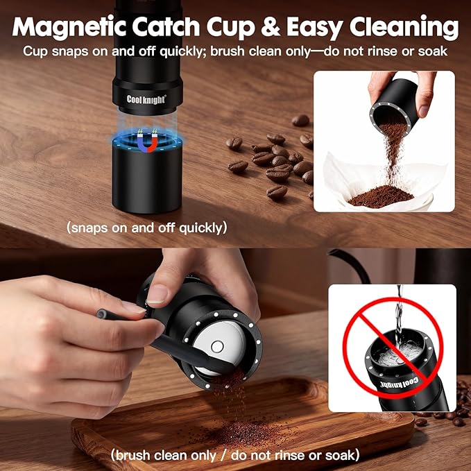COOL KNIGHT Manual Coffee Grinder, 7-Edge SUS420 Stainless Steel Conical Burr, 72-Click External Adjustment, 25g Capacity, Aluminum Body, Walnut Handle, Magnetic Catch Cup for Espresso & Pour Over