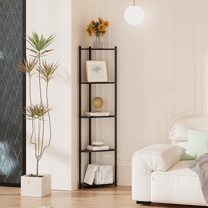 Wisuce Corner Shelf, 100% Real Bamboo Shower Corner Shelves Free Standing Shelf Storage Organizer for Bathroom Living Room Kitchen (Black, 5 Tier)