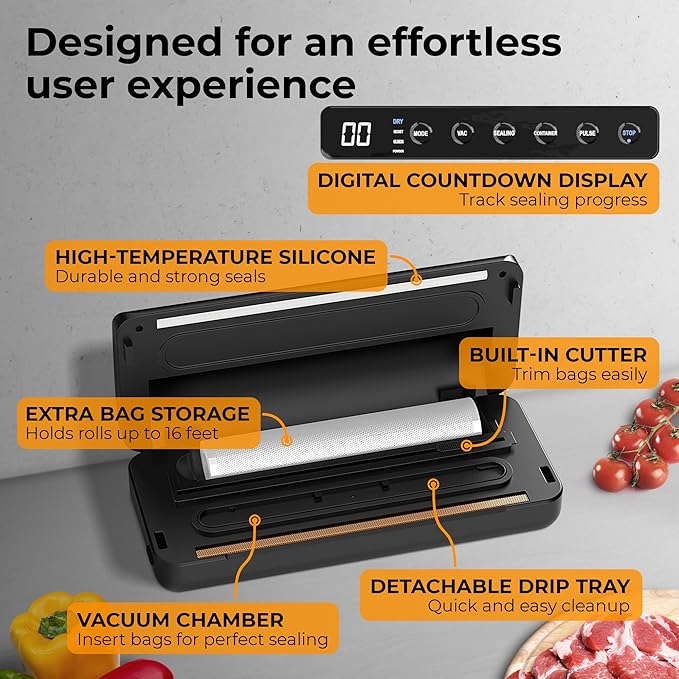Vacuum Sealer for Food Saver & Preservation 80kPa - Powerful Suction Bag Sealer Dry/Moist/Liquid Modes - Vacuum Sealing Machine with Built-In Cutter, Bag Roll & 10 Bags Kit (Silver)