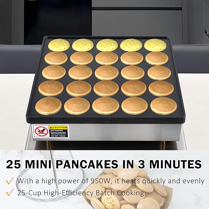 Mini Pancake Maker, 25-Cup Commercial Dutch Pancake Machine, 950W Non-Stick Electric Poffertjes Maker with Temp & Timer for Restaurant, Food Truck, Breakfast Shop
