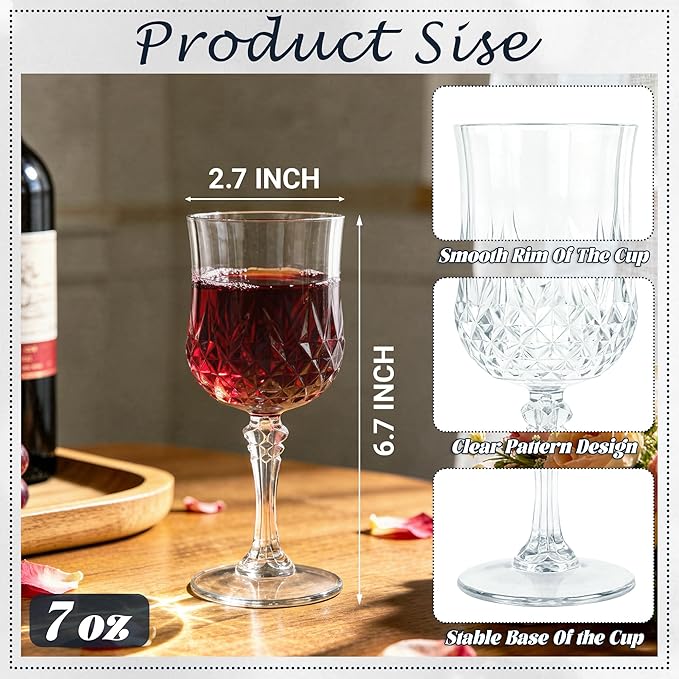 Plastic Wine Glasses, Plastic Goblets Vintage Style Cordial Unbreakable Drinking Glasses, Reusable Drinkware for Wedding Reception, Grand Event Party Supplies,Mother's Day(24, Transparent)
