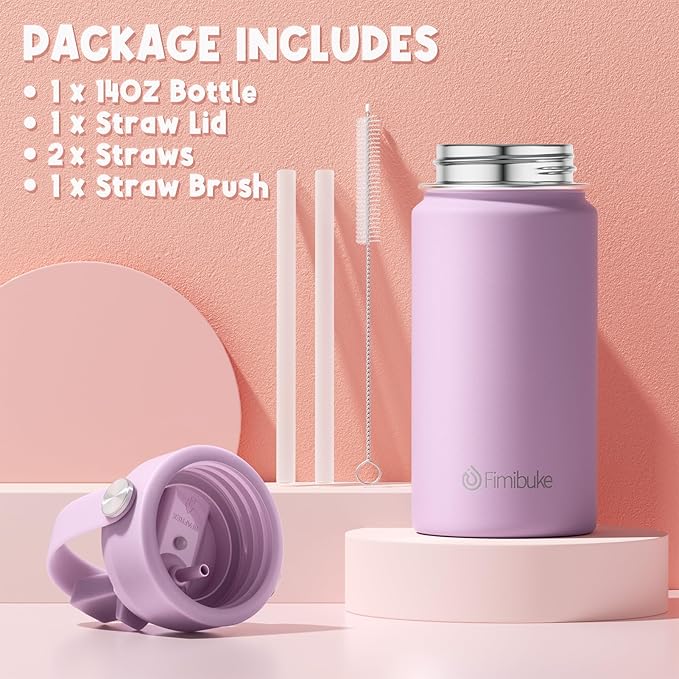 Fimibuke Kids Insulated Water Bottle, 14oz BPA FREE 18/8 Stainless Steel Travel Tumbler Double Wall Vacuum Leak Proof Kids Cup with Straw Metal Water Bottle for School Boys Girls(1 Pack, Lilac)