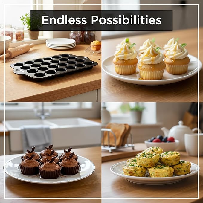 Wrenbury 24-Cup Mini Muffin Pan - PFOA-Free Non-Stick, Premium Carbon Steel, 1.8" Cups, Dishwasher Safe