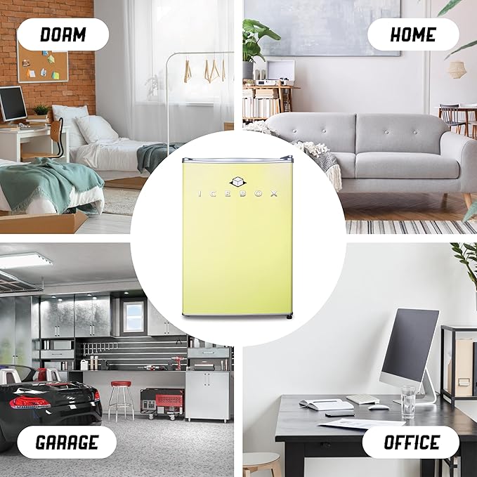 ICEBOX 2.5 Cu. Ft. Compact Refrigerator, ENERGY STAR Certified Small Refrigerator, Single Door Mini Fridge with Chiller Compartment, R600a Refrigerant, IBCR25SUN, Sun Yellow