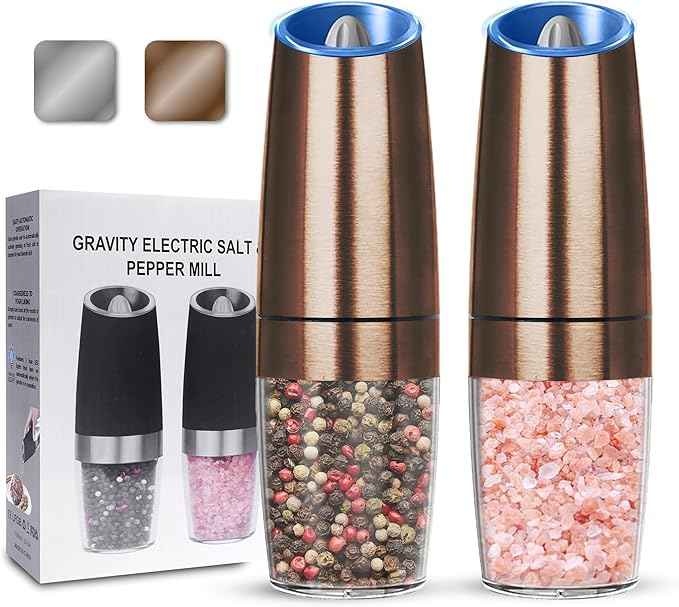 Gravity Electric Salt and Pepper Grinder set of 2, Automatic Salt And Pepper Grinder Set, Adjustable Roughness, Battery Powered, LED Light, 2 Pack, (Copper)