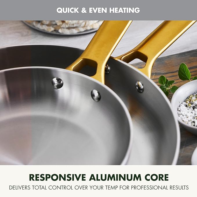 GreenPan Stainless Steel Tri-Ply Reserve 10” and 12” Frying Pan Skillet Set, Multiclad Cookware, Induction, Oven & Broiler Safe to 600°F, Heat Responsive Core, Dishwasher Safe, Gold Handles