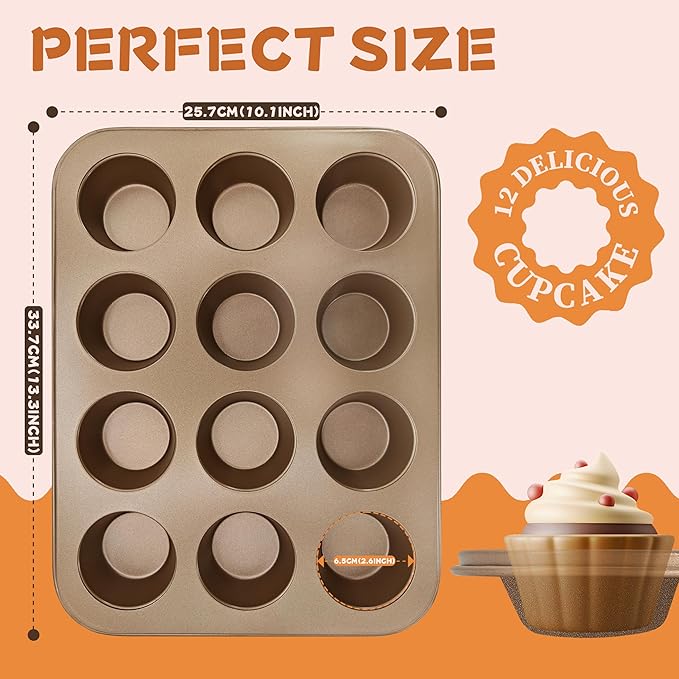 Satax Muffin Pan for Baking, Nonstick Cupcake Tin 12 Cup,sets of 2,Heavy Duty Steel Muffin Pan (Gold, 12-cup)