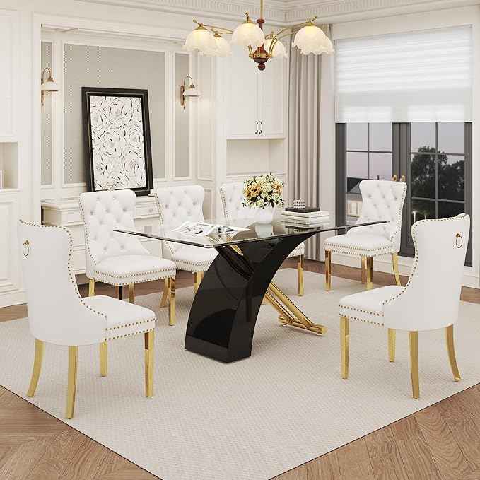 7 Piece Glass Dining Table Set for 6, 63" Modern Kitchen Table with 6 White Velvet Chairs, Tempered Glass Tabletop with Black X-Shaped MDF Base, Modern Dining Room Set for Kitchen and Dining Room