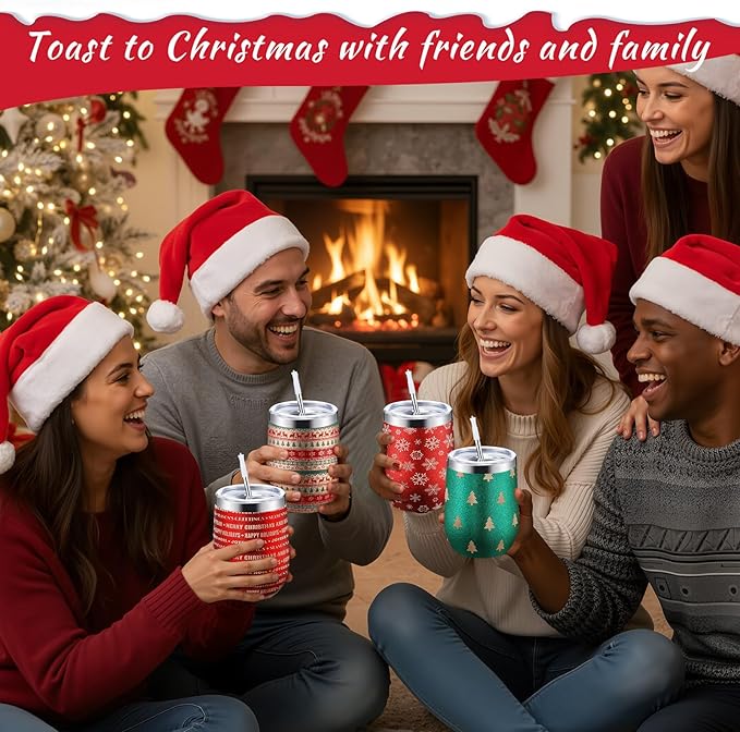 Sliner 6 Pack Pack Christmas Glitter Tumbler Bulk, 12 oz Holiday Wine Tumbler Set Stainless Steel Insulated Sparkling Glitter Cup with Lids Straws and Brushes Travel Mug Xmas Gift (Stripe Style)