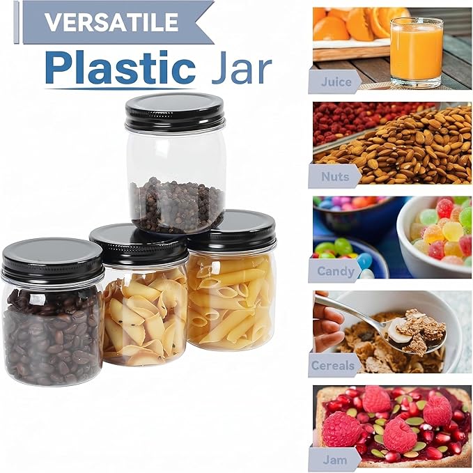 novelinks 8 oz Clear Plastic Jars with Airtight Lids, 48 Pack Plastic Mason Jars with Lids 8oz, Refillable Storage Slime Containers & Small Spice Jar for Kitchen Organization (48 Pack,Black)