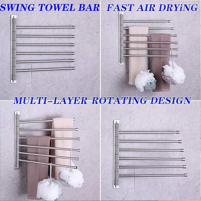 GERZWY Bathroom Swing Arm Towel Bars Wall Mount Bath Towel Rack with 6 Arms Hanger Towel Holder Organizer Brushed Stainless Steel HYG06-LS