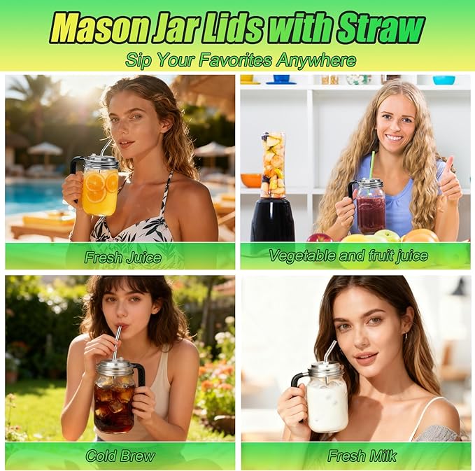 Palksky Mason Jar Lids with Straw Hole Wide Mouth, Stainless Steel Drinking Lid with Handle & Silicone Rings, Spill-Resistant Mason Jar Straw Lid for Iced Coffee, Juice, Lemonade (2 Packs)