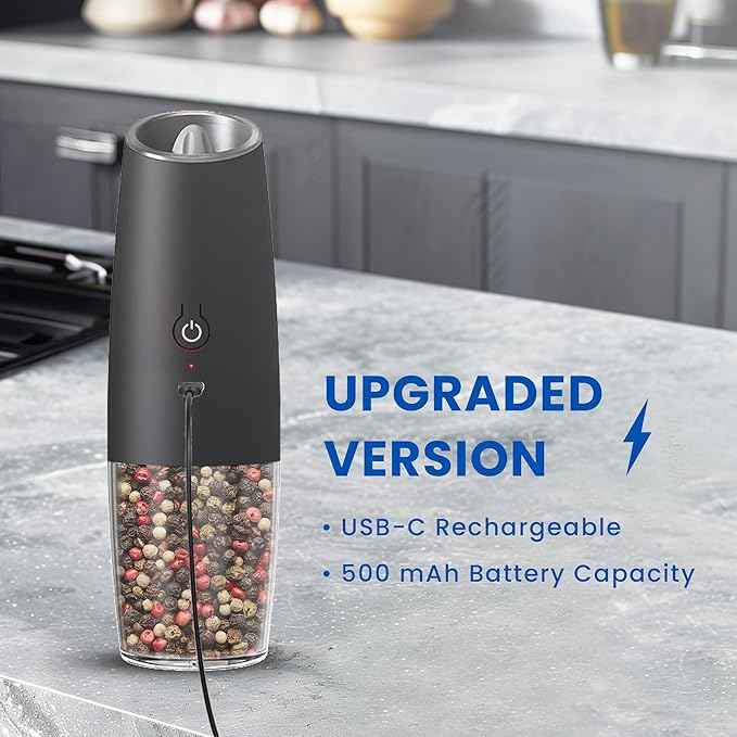 Rechargeable Electric Salt and Pepper Grinder, gravity electric salt and pepper grinder, Adjustable Roughness, LED Light, 1 Pack, (Black)