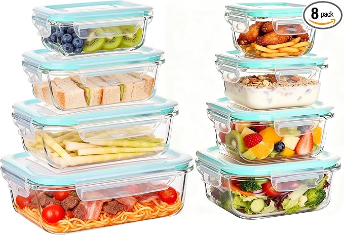 Liuruiyu 8 Pack Glass Food Storage Containers with Lids, Meal Prep Containers, Airtight Bento Boxes with Leak Proof Locking for Microwave, Oven, Freezer and Dishwasher, BPA Free（5oz to 36oz）