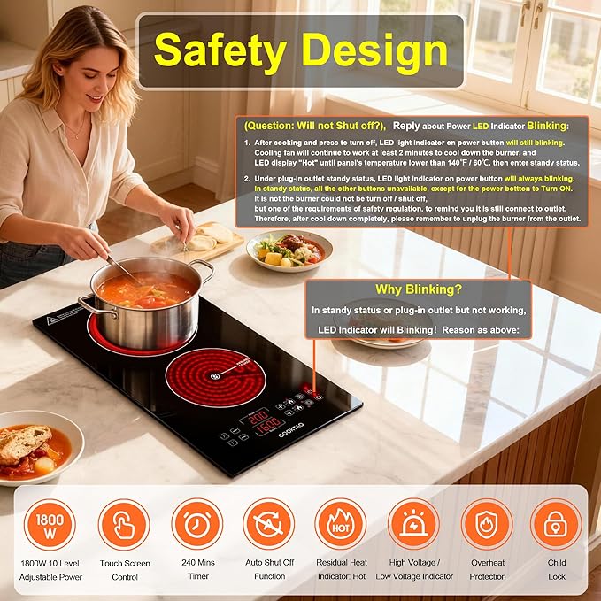 Dual Heating Coil Design of 2 Burner Electric Cooktop, 1800W Commercial Ceramic Infrared Cooking Hot Plate, Portable Countertop or Built-in Radiant Stove Top Cooker with WATT and TEMP Control