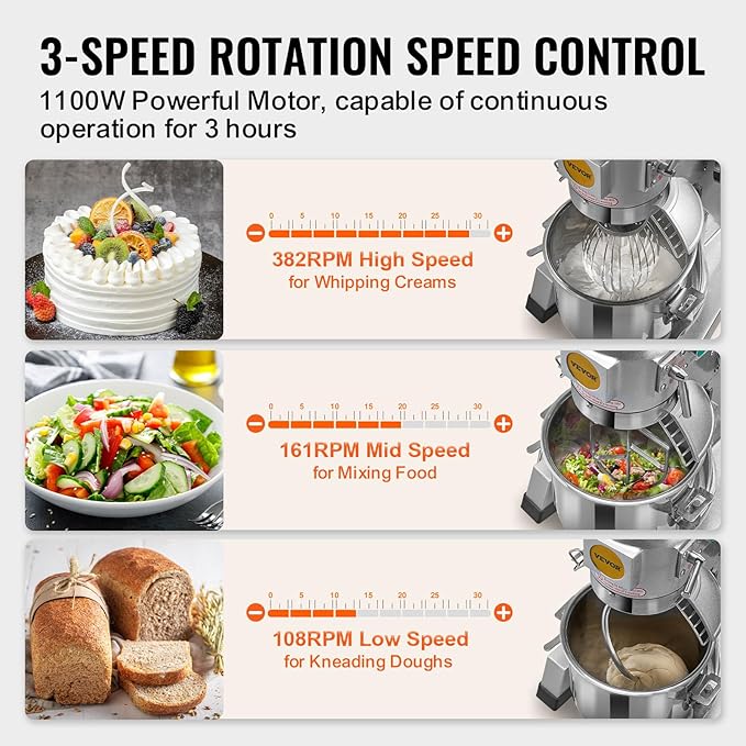 VEVOR Commercial Food Mixer, 20Qt Commercial Mixer with Timing Function, 750W Stainless Steel Bowl Heavy Duty Electric Food Mixer Commercial with 3 Speeds Adjustable 108/199/382 RPM, Dough Hook Whisk