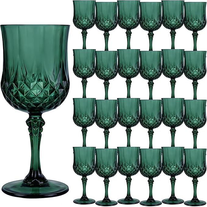 Plastic Wine Glasses, Plastic Goblets Vintage Style Cordial Unbreakable Drinking Glasses, Reusable Drinkware for Wedding Reception, Grand Event Party Supplies (24, Green)