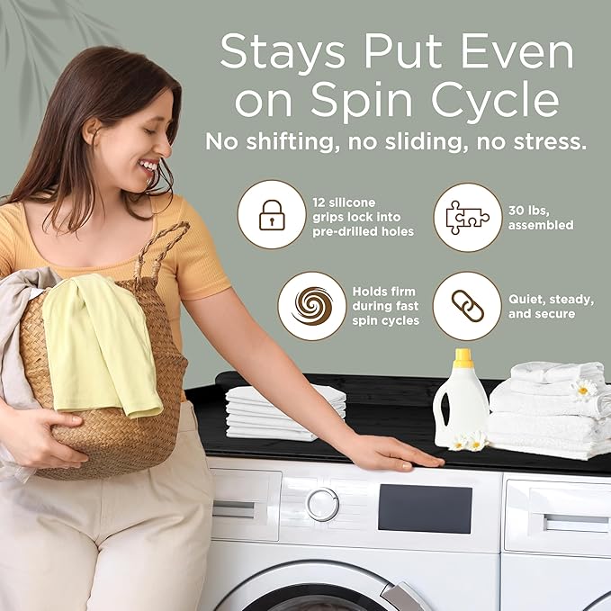 Solid Bamboo Washer Dryer Countertop, Laundry Wood Shelf Topper with Non-Slip Pads, Edge Rails and High Back Rail for Laundry Room Storage & Organization, Washer Dryer Counter Storage, 25"W x 54" L